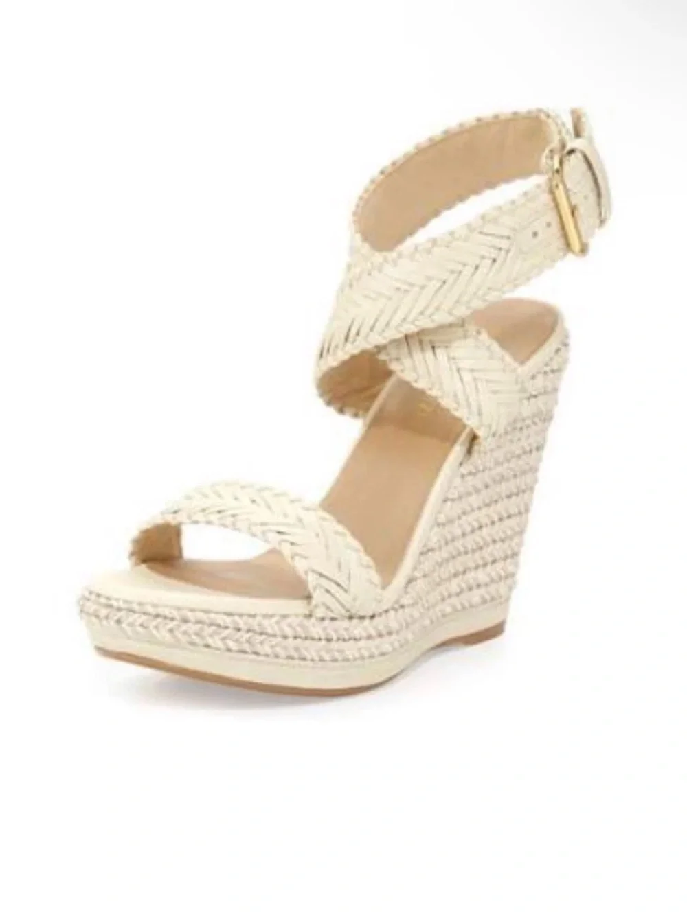Stuart Weitzman Cream Leather Braided Espadrille Wedge Sandals Size 9 - Picture 1 of 3